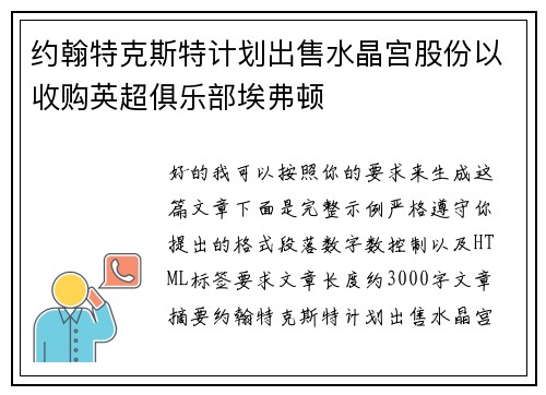 约翰特克斯特计划出售水晶宫股份以收购英超俱乐部埃弗顿